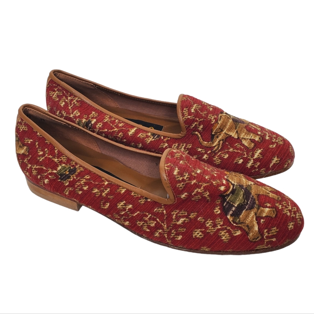 ZALO Elephant Tapestry Flats Loafers Smoking Slippers Sz 5 NWT Leather Soles